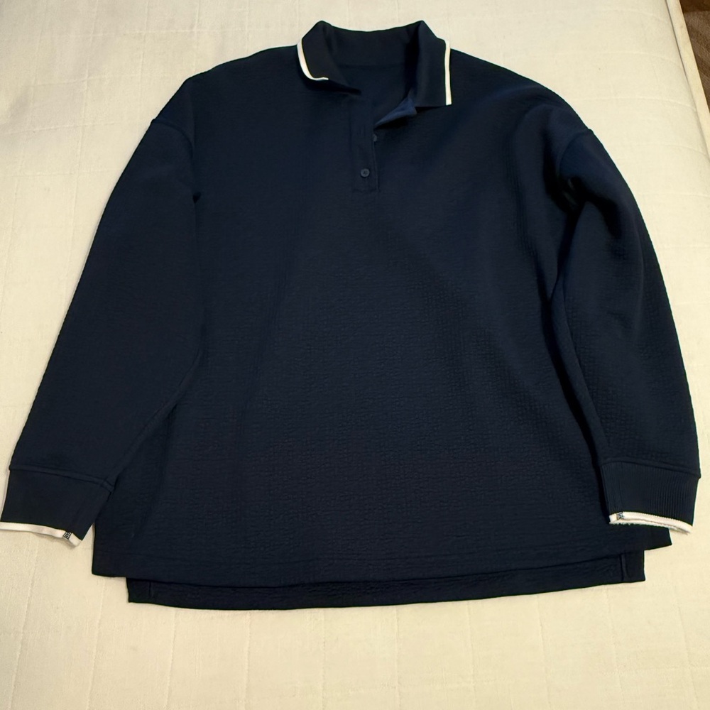 Lululemon Textured Long-Sleeve Polo Shirt - True Navy/White - Size 8